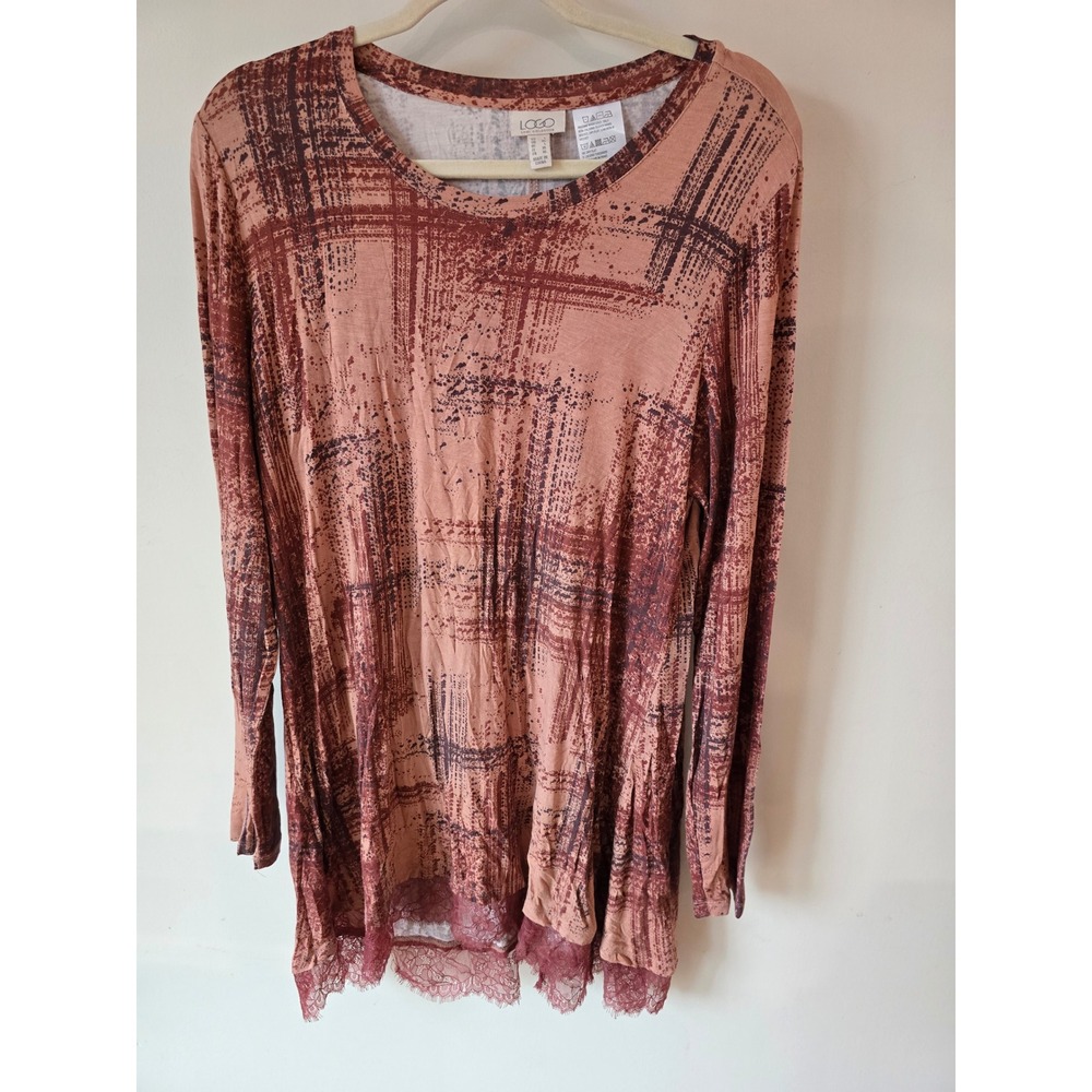 LOGO Lori Goldstein Womens Large Tunic Top Long Sleeve Lace Hem Abstract Plaid